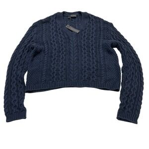 360 Sweater Blue Cotton Cable Knit‎ Cropped Boxy Pullover Size L Open Knit Beach